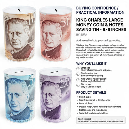 Saving tin made of steel with large size and slot for coins and notes suitable for adults and children