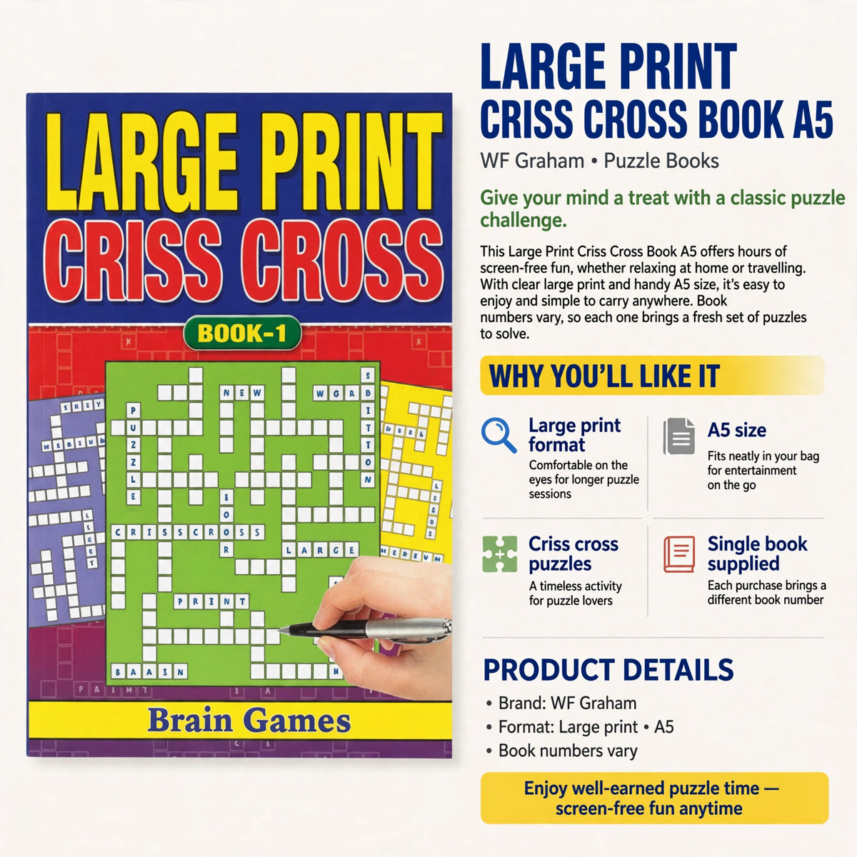 Infographic showing large print format, A5 size, criss cross puzzles, and single book supplied