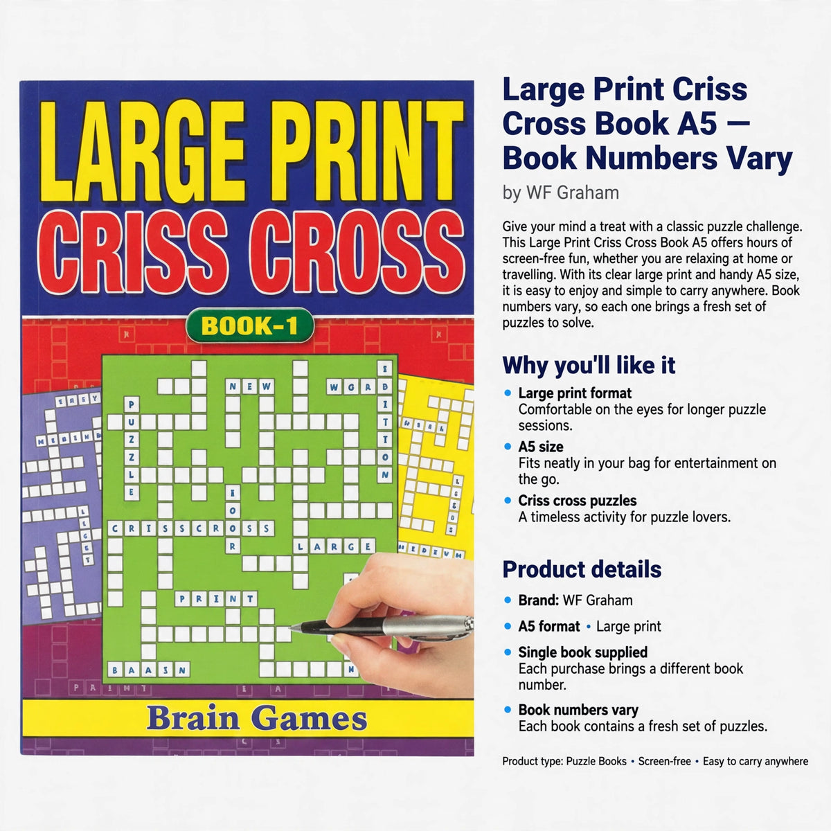 Information about large print format, A5 size, criss cross puzzles, and varying book numbers
