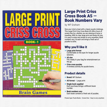 Information about large print format, A5 size, criss cross puzzles, and varying book numbers