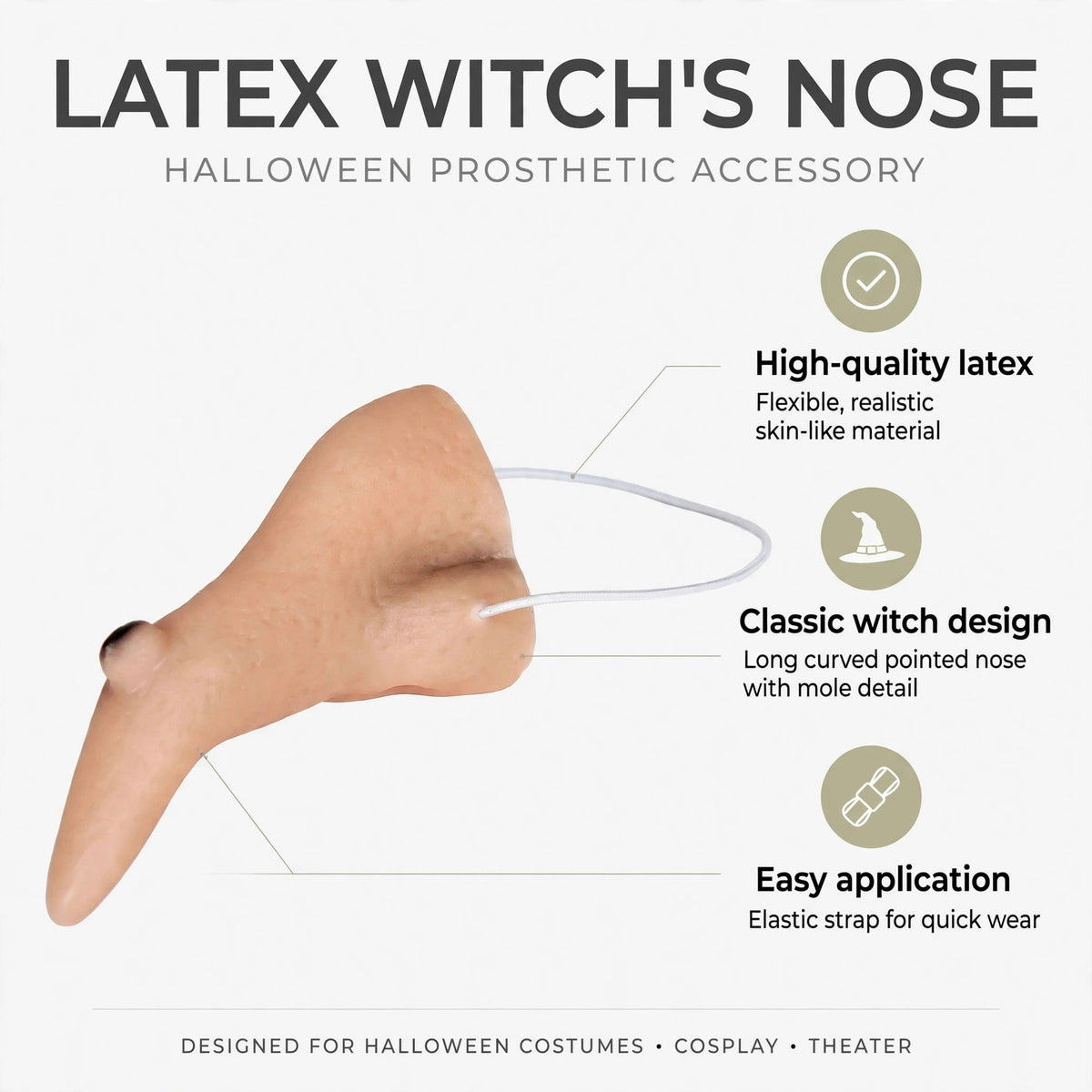 Features of Latex Witch's Nose accessory, highlighting quality and design.