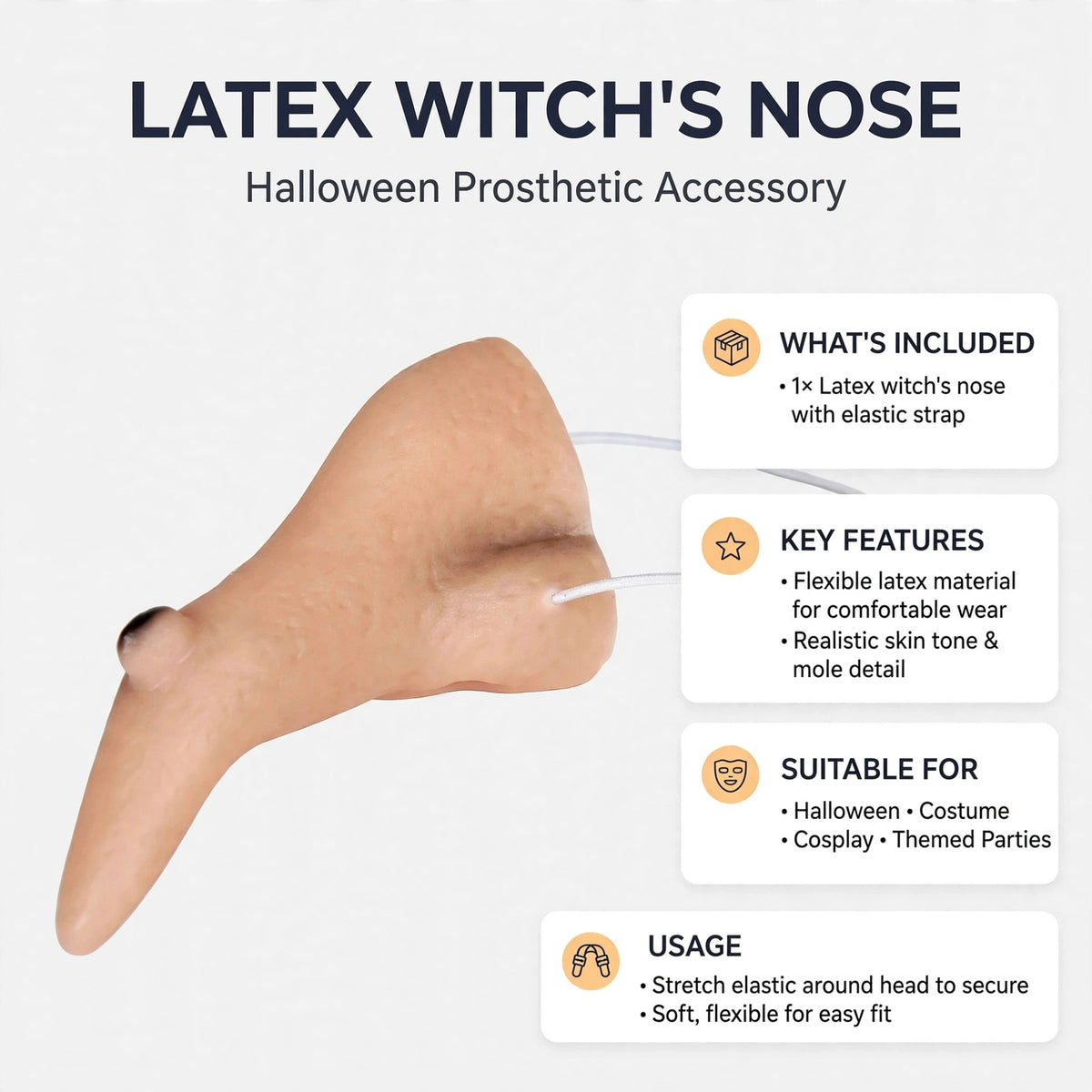 Product information for the Latex Witch's Nose accessory emphasizing comfort and realism.