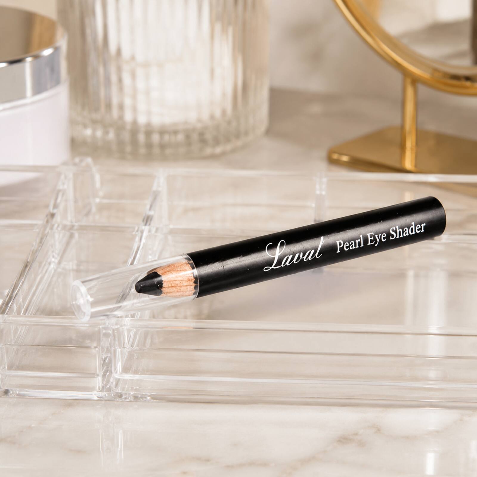 Laval black Pearl Eye Shader pencil displayed in a makeup organiser