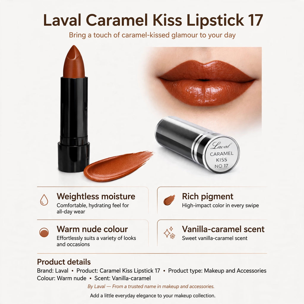 Lipstick features warm nude colour, vanilla-caramel scent, weightless moisture, and rich pigment