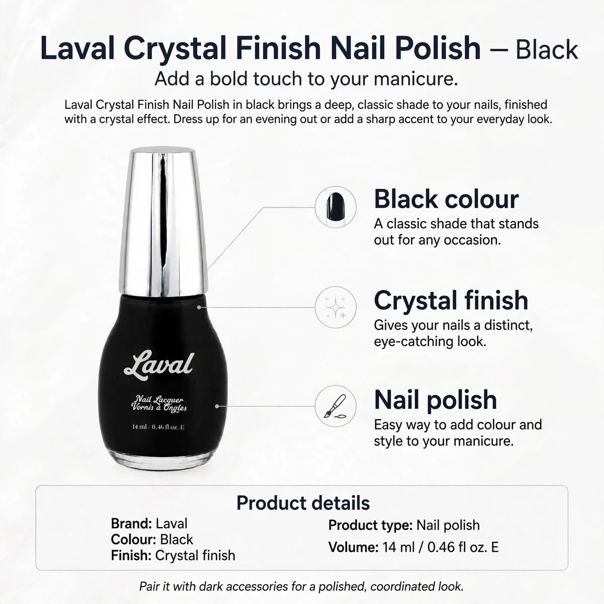Features of Laval Crystal Finish Nail Polish including black colour and crystal finish