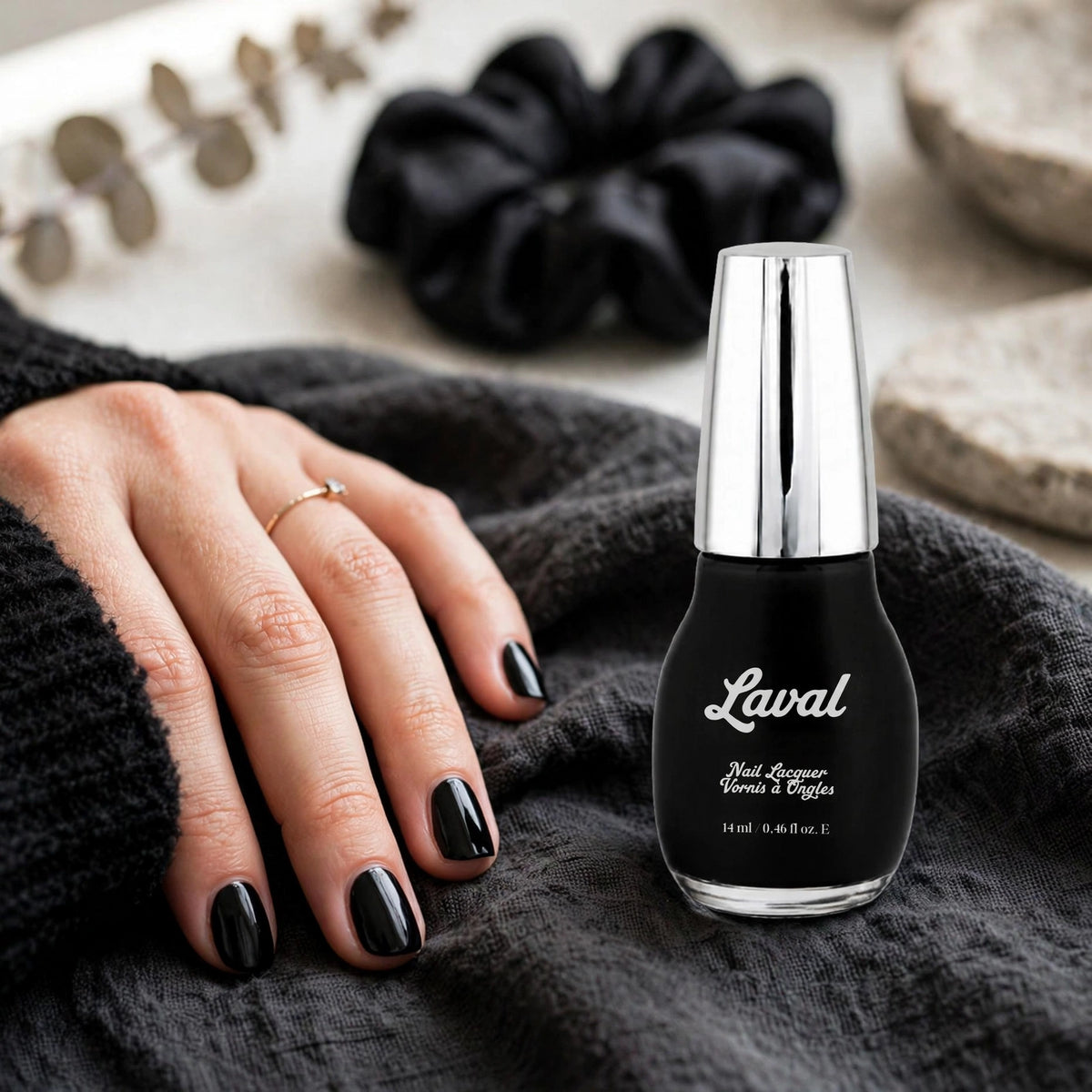 Laval Crystal Finish Nail Polish black paired with dark accessories