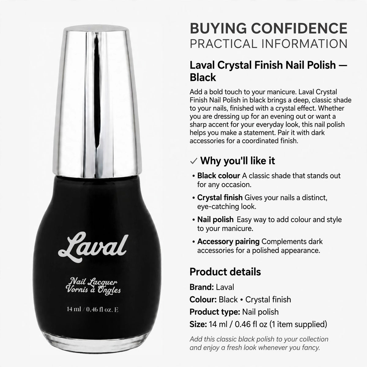 Laval black nail polish with crystal finish for manicure colour and style