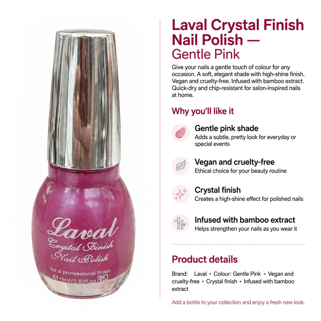 Infographic showing gentle pink shade, vegan and cruelty-free, crystal finish, and bamboo extract infusion
