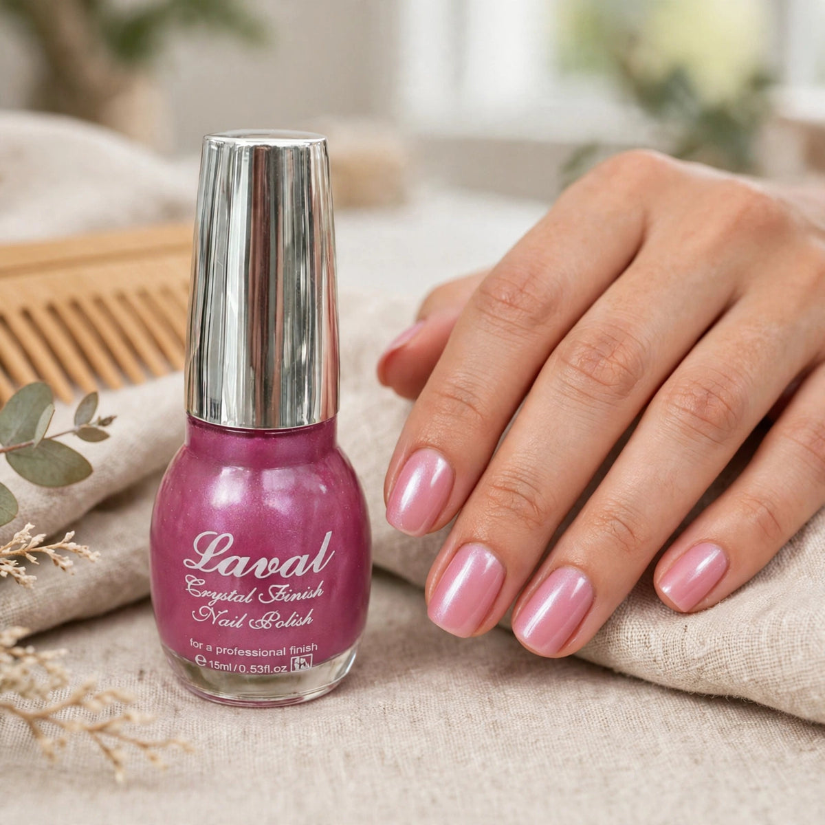 Nails painted with Laval Crystal Finish Nail Polish in gentle pink shade