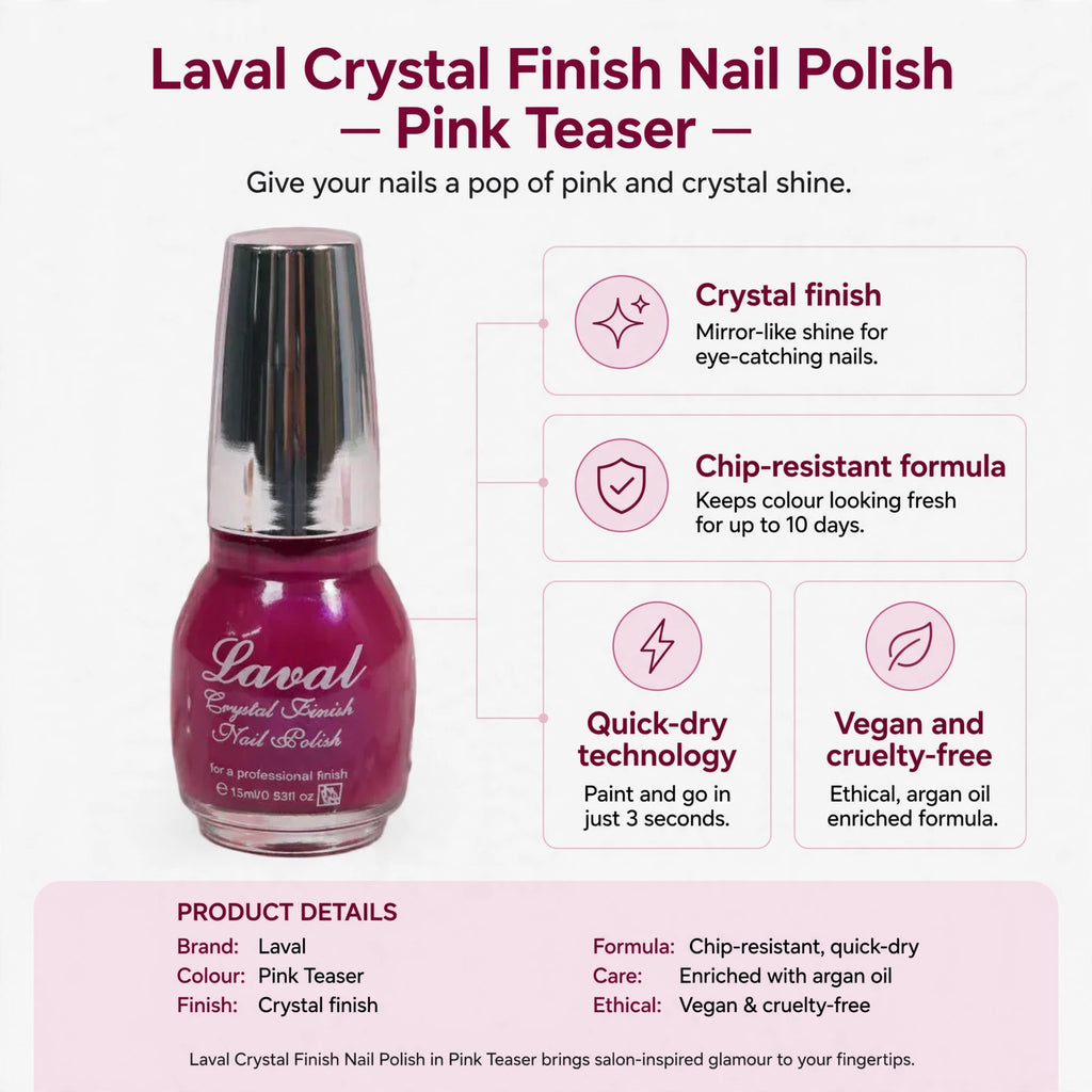 Infographic showing crystal finish shine, chip-resistant formula, quick-dry technology, and vegan cruelty-free attributes