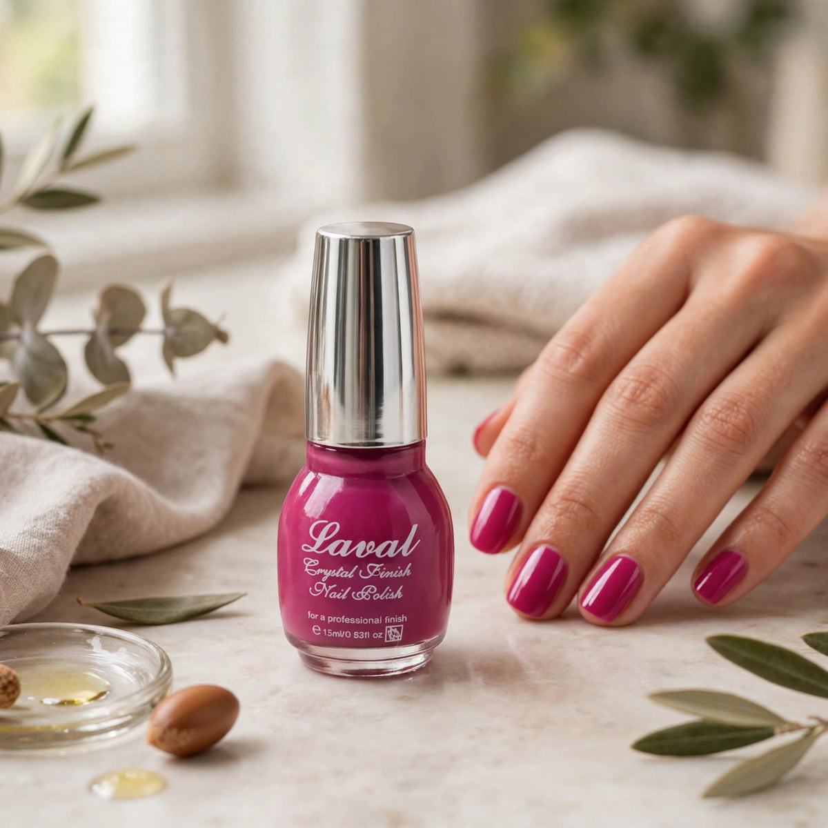Nails painted with Laval Crystal Finish Nail Polish Pink Teaser showing crystal shine and pink colour