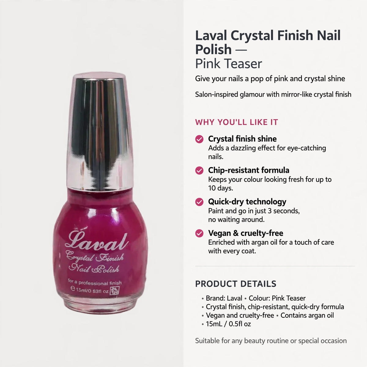 Nail polish with chip-resistant colour lasting up to 10 days and quick-dry formula drying in 3 seconds