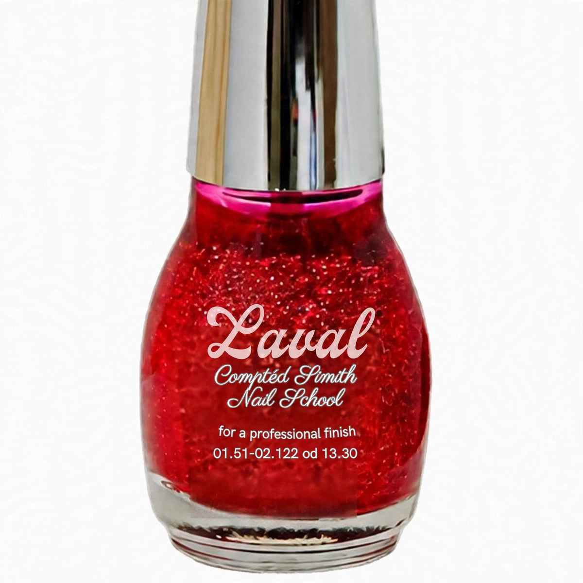 Close-up view of Laval red glitter nail polish bottle showing label and colour