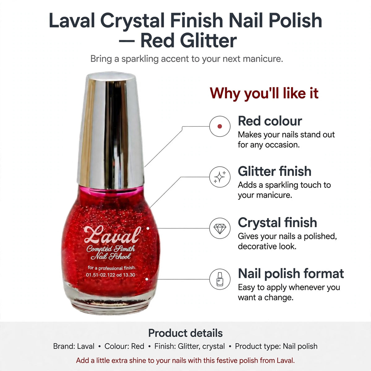 Infographic showing red colour, glitter finish, crystal finish, and nail polish format features