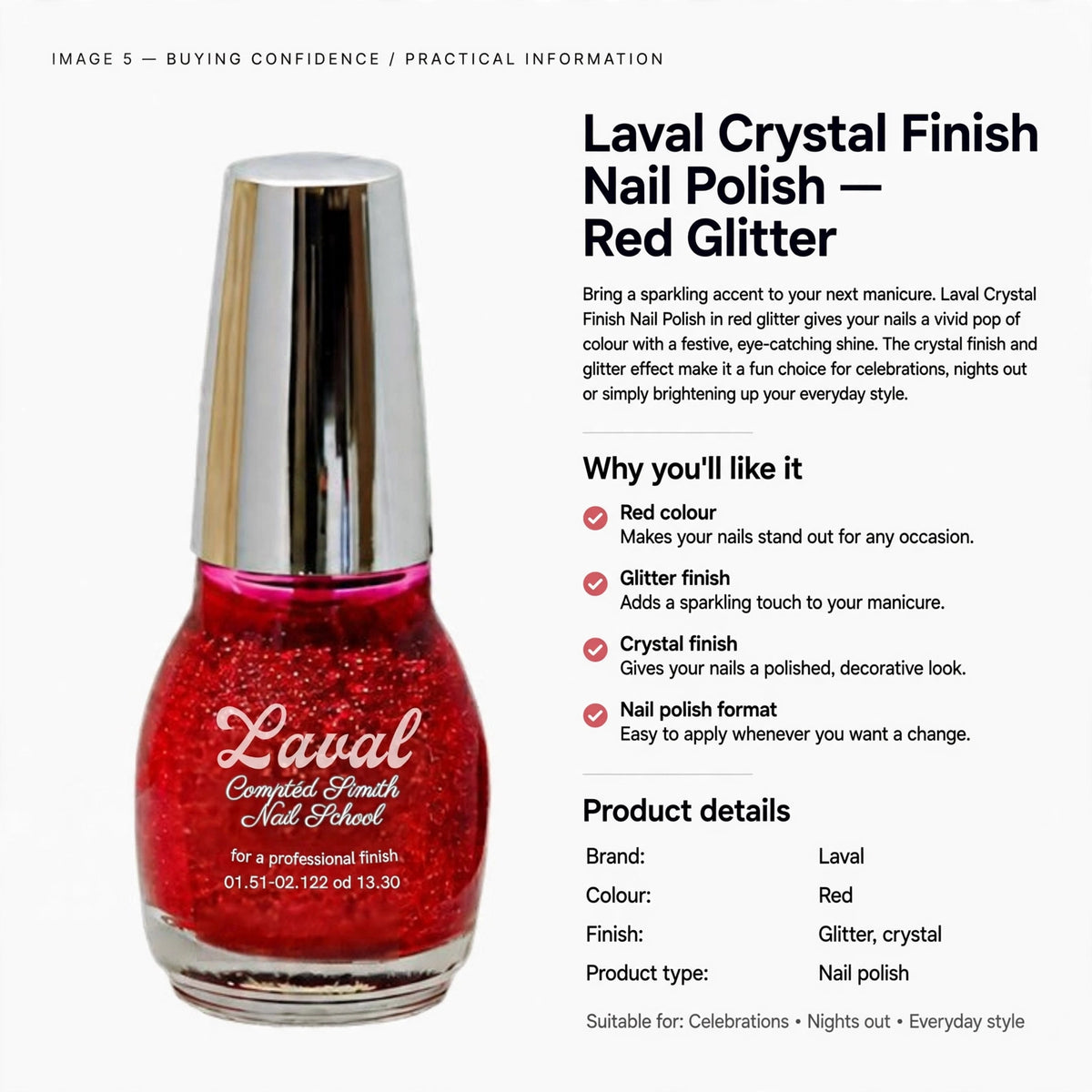 Laval red glitter nail polish with crystal finish for festive and decorative manicures