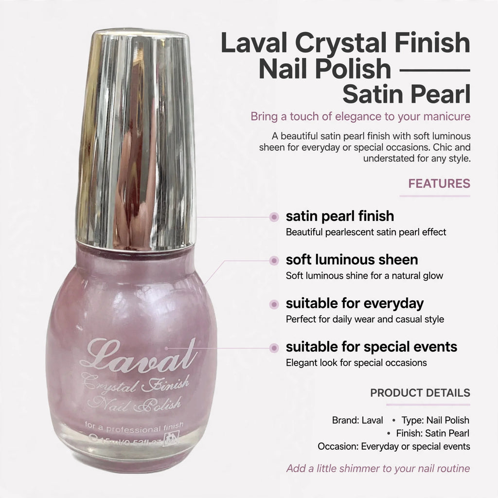 Nail polish features satin pearl finish and soft luminous sheen