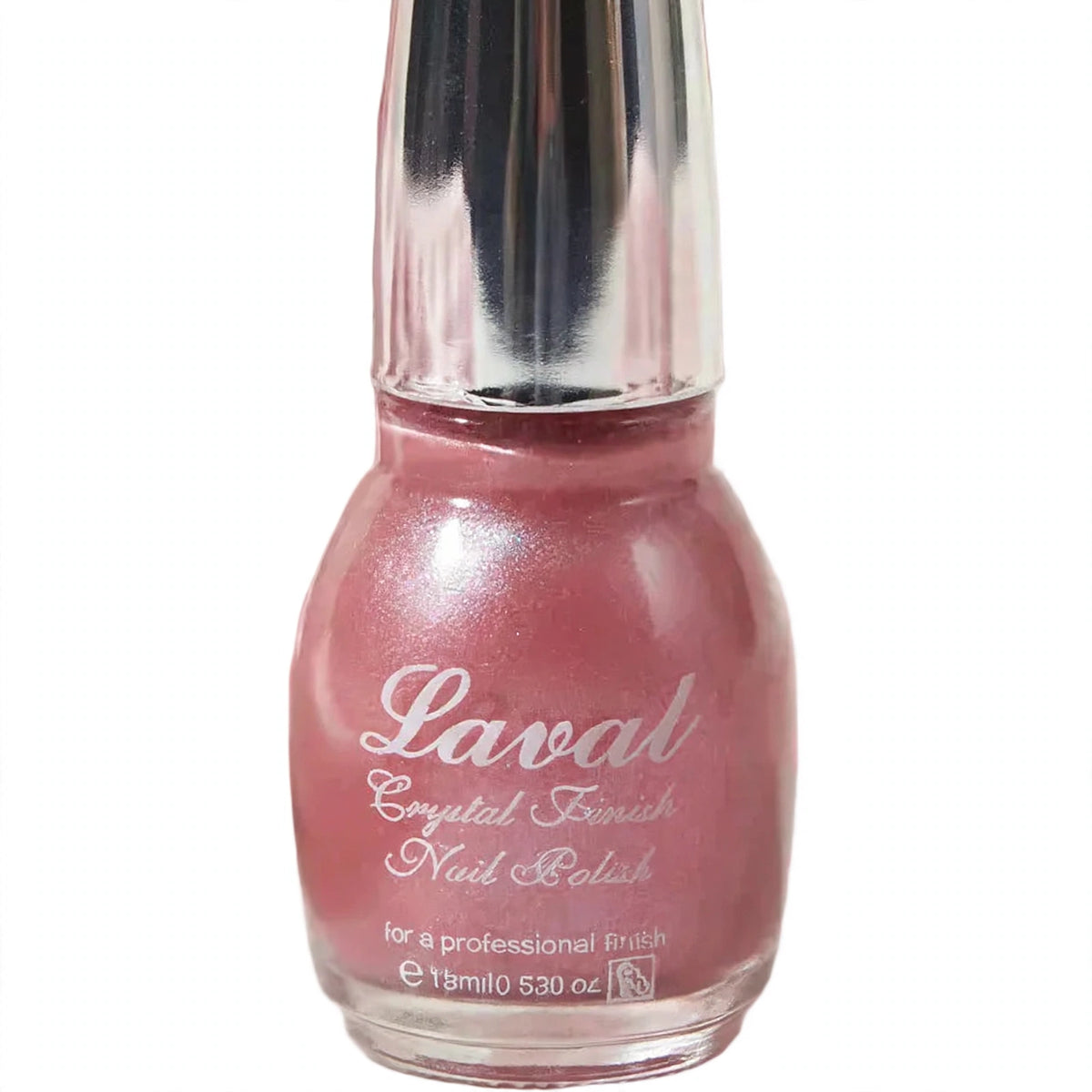 Close-up of Laval shimmering pink nail polish bottle showing crystal finish