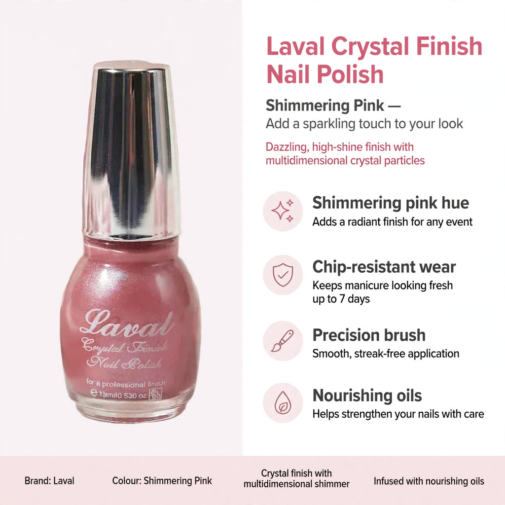 Nail polish features shimmering pink hue, chip-resistant wear, precision brush, and nourishing oils