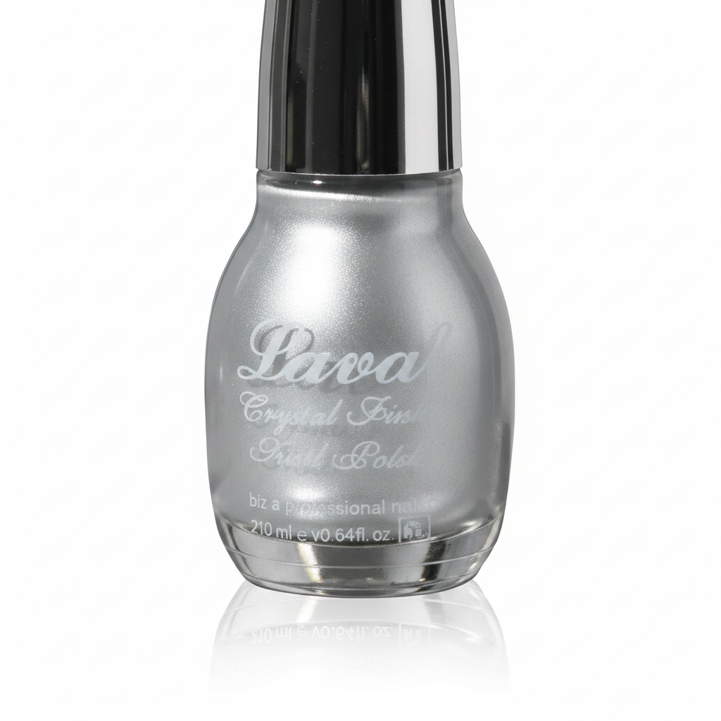 A bottle of Laval Crystal Finish Bright Polish in a metallic silver shade, featuring a reflective silver bottle and a glossy black cap, set against a clean white background with a soft reflection.