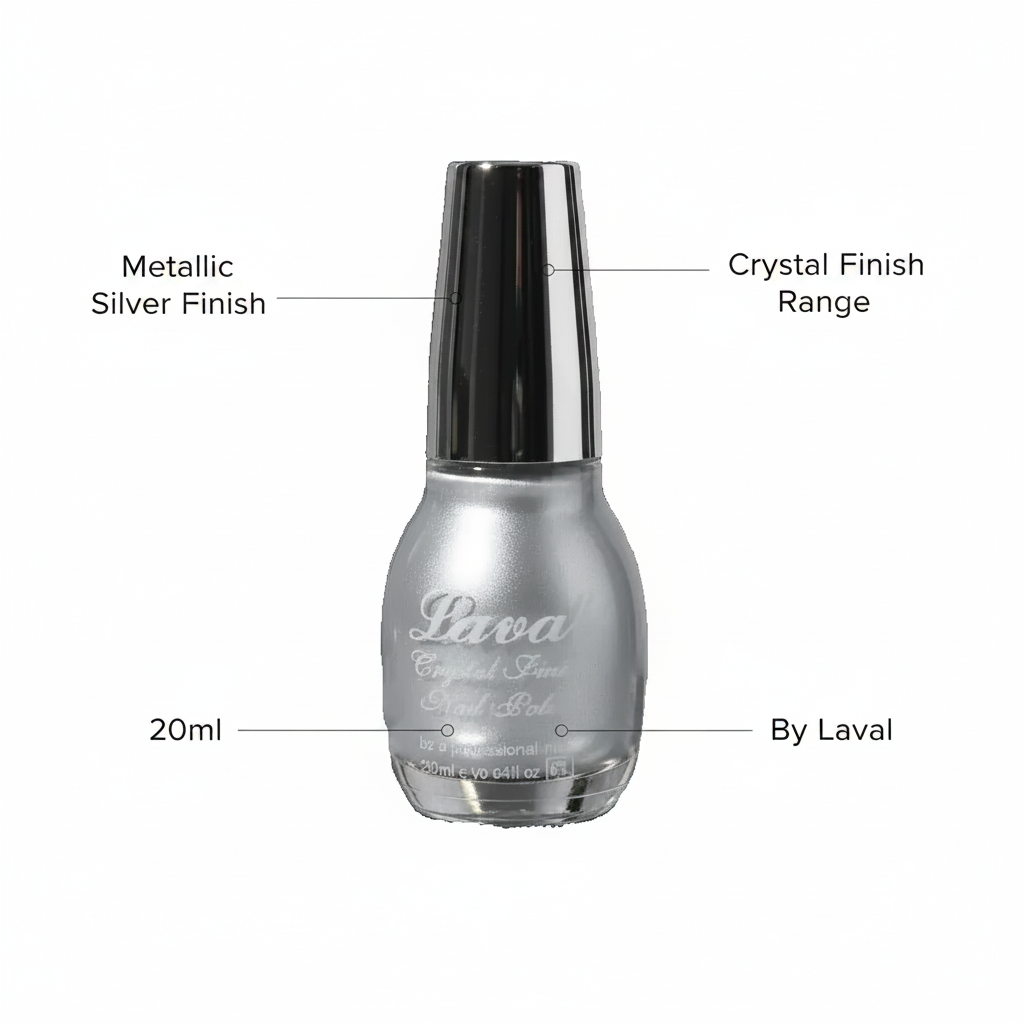 A bottle of silver nail polish with black cap on a white background, with text callouts reading 'Metallic Silver Finish', 'Crystal Finish Range', '20ml', and 'By Laval'.