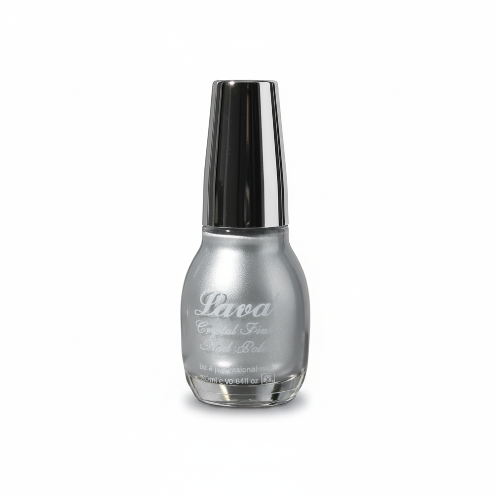A bottle of Lava Crystal Fine Nail Polish in a metallic silver shade, featuring a reflective silver bottle and a black cap, set against a plain white background.