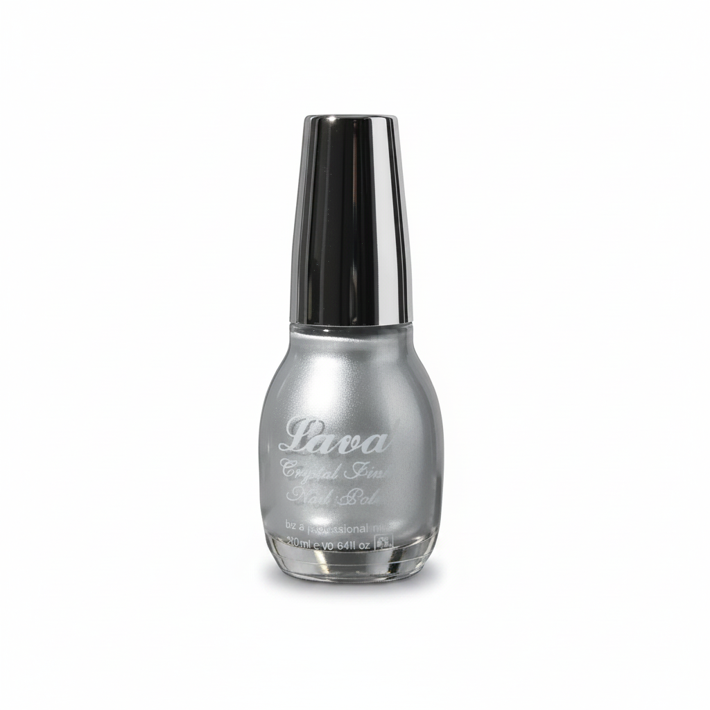 A bottle of Lava Crystal Fine Nail Polish in a metallic silver shade, featuring a reflective silver bottle and a black cap, set against a plain white background.