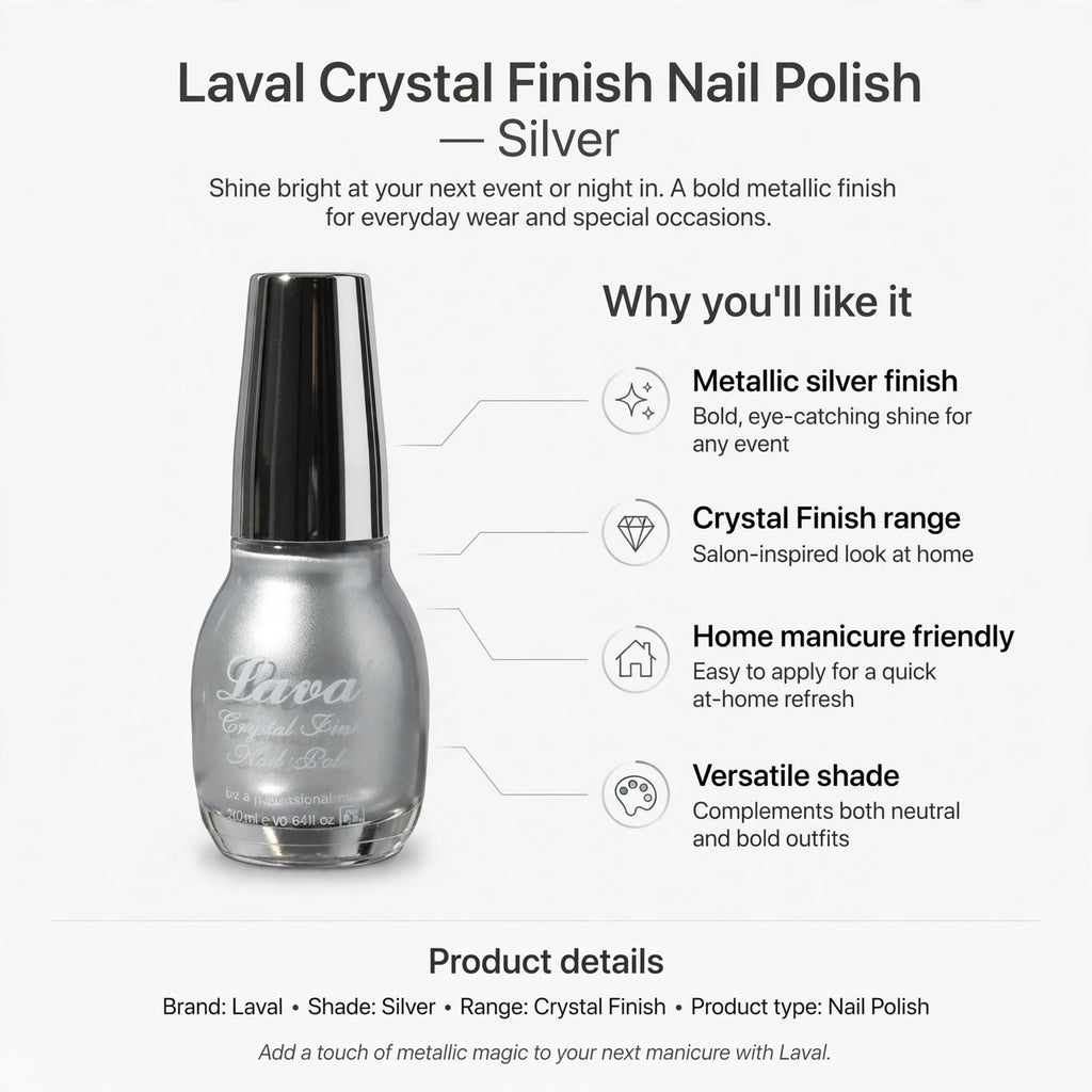 Infographic showing metallic silver finish and Crystal Finish range features
