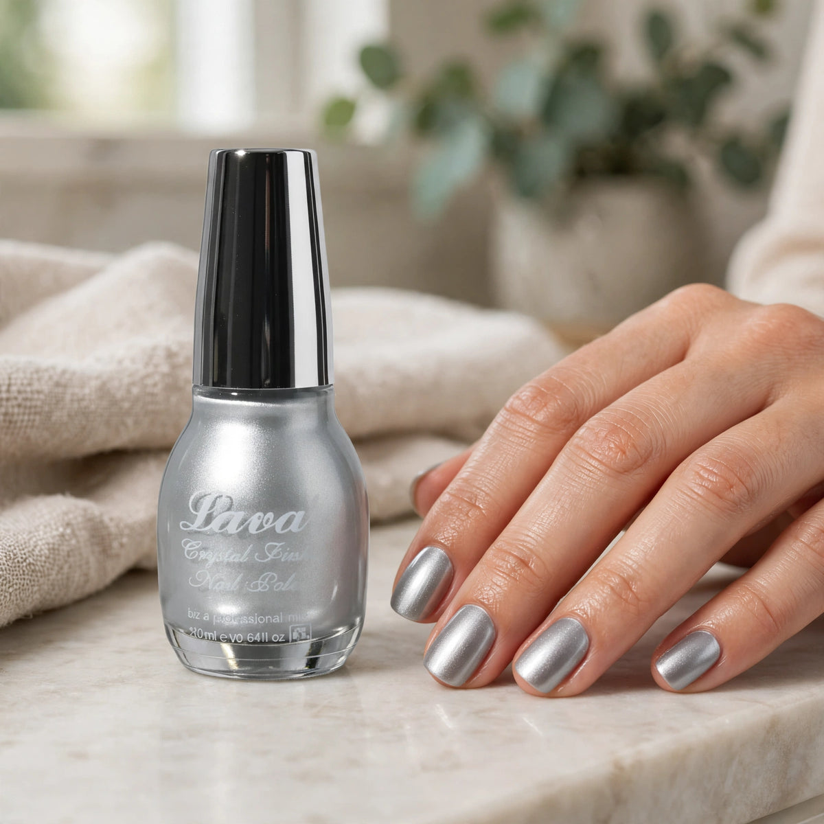 Silver metallic nail polish applied on nails for everyday and special occasions