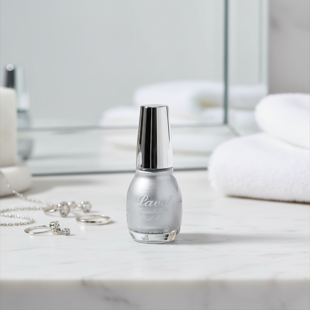 A bottle of silver nail polish with a metallic cap stands on a white marble surface in a bright bathroom setting with folded white towels and jewelry in the background.