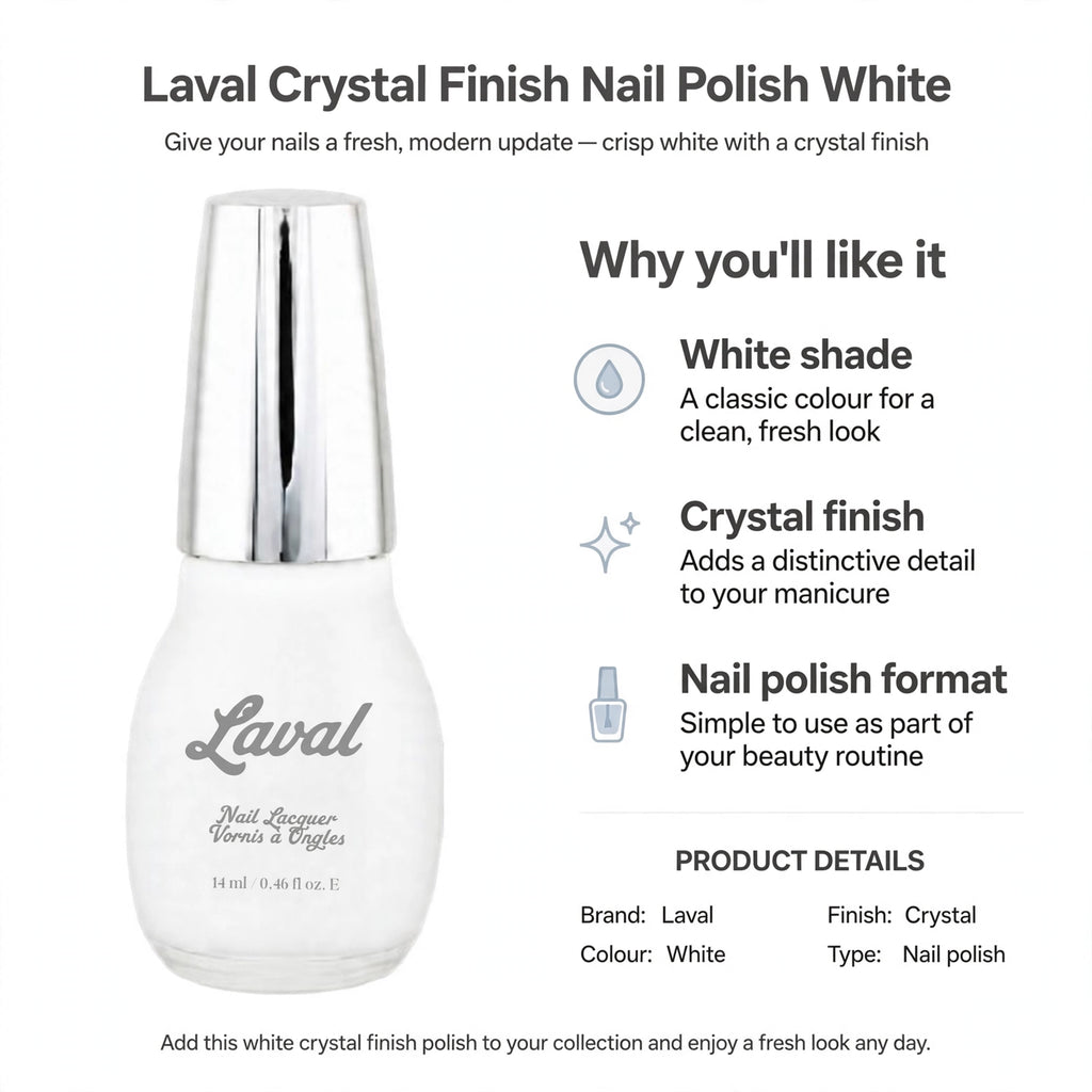 Infographic showing white shade, crystal finish, and nail polish format features