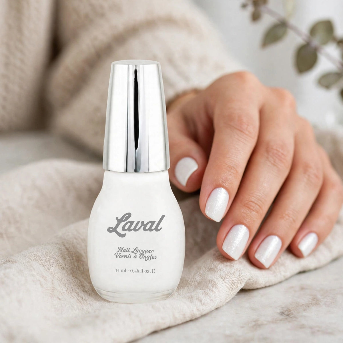 Laval Crystal Finish Nail Polish white used as part of a manicure