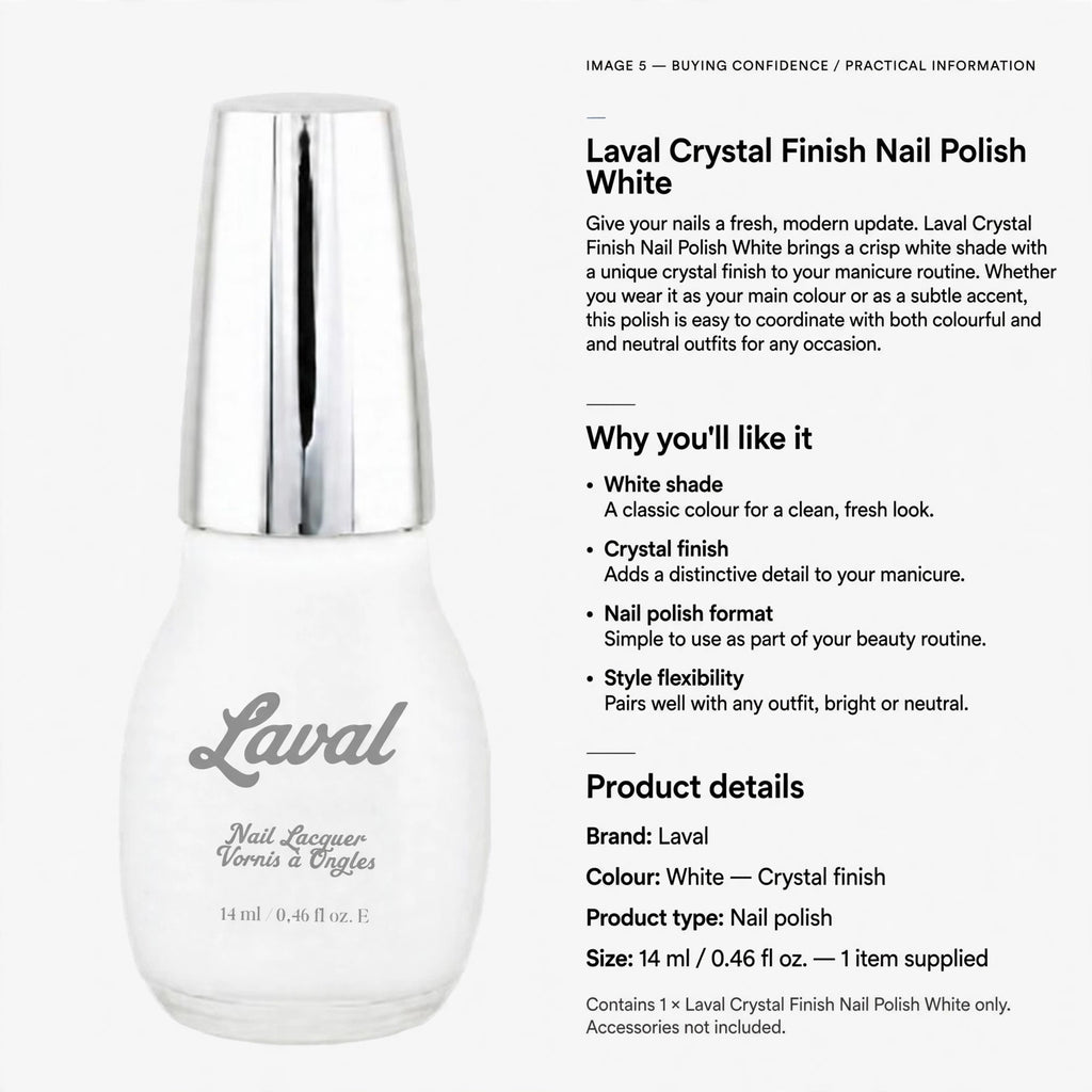 Information about white shade, crystal finish, and style flexibility of the nail polish
