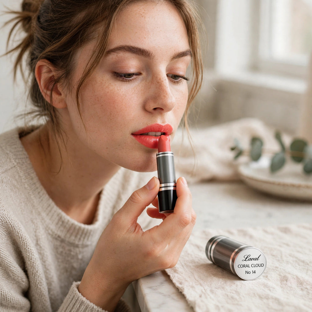 Laval Lipstick Coral Cloud 14 shown as part of makeup collection