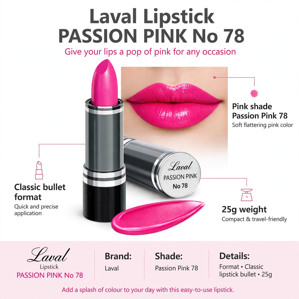 Infographic showing classic bullet format, pink shade Passion Pink 78, and 25g weight