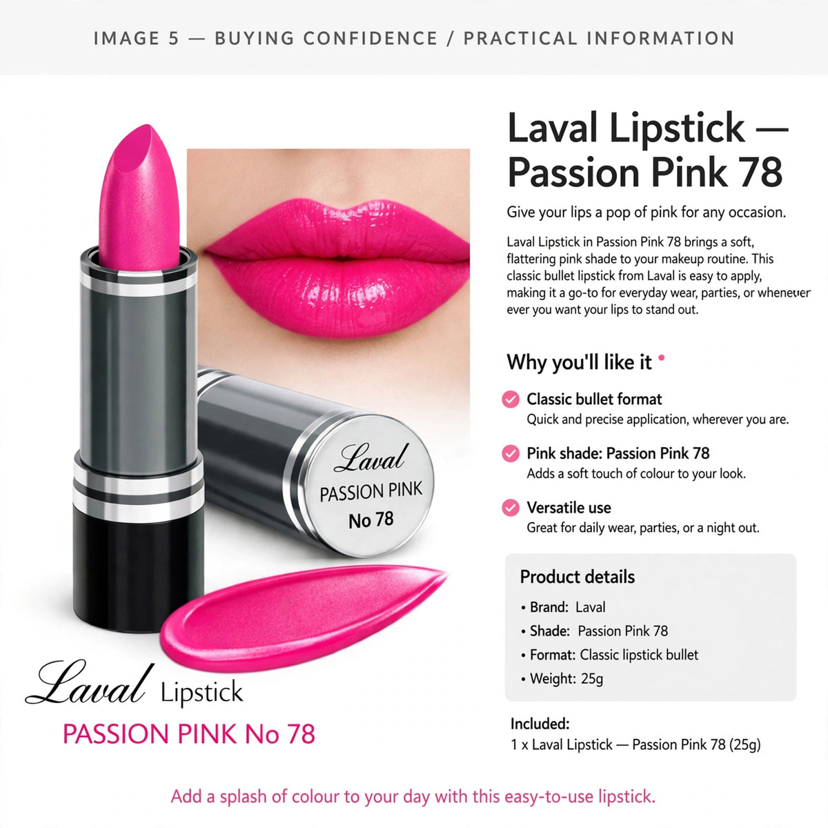 Laval lipstick easy to apply with classic bullet format and portable 25g weight