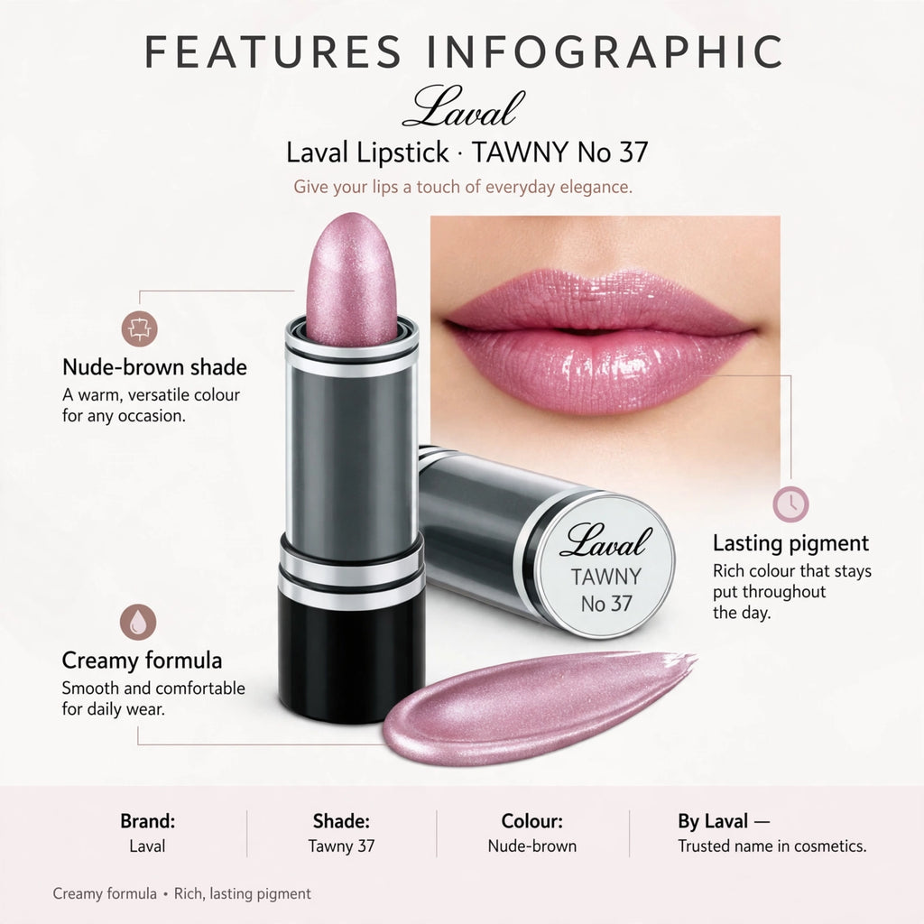 Infographic showing nude-brown shade, creamy formula, and lasting pigment features of Laval Lipstick Tawny 37