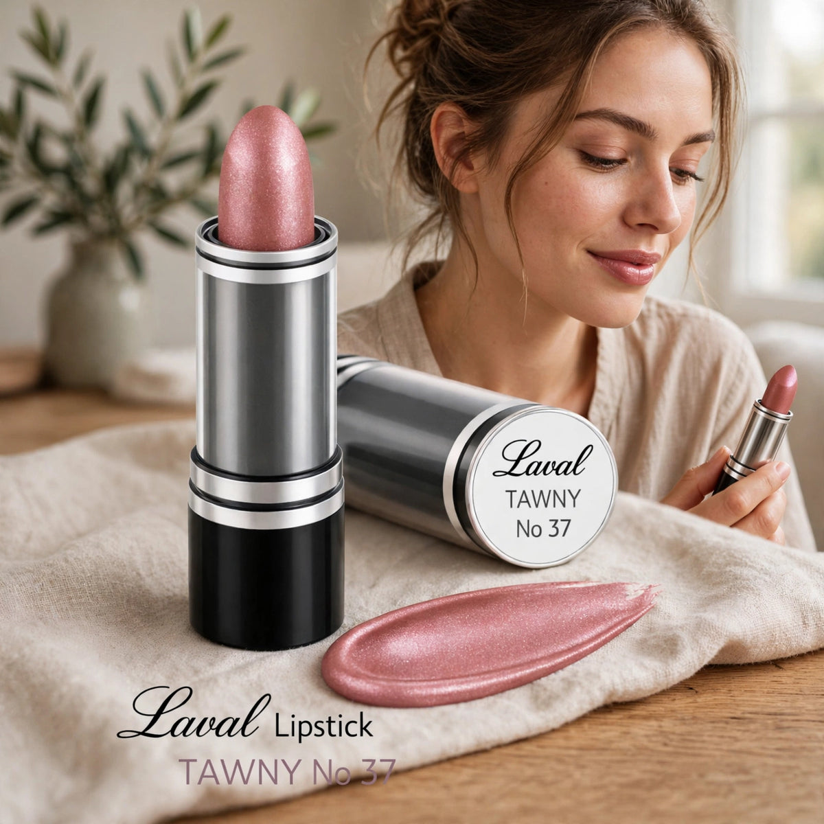 Lips wearing Laval Lipstick Tawny 37 nude-brown lipstick in a makeup look