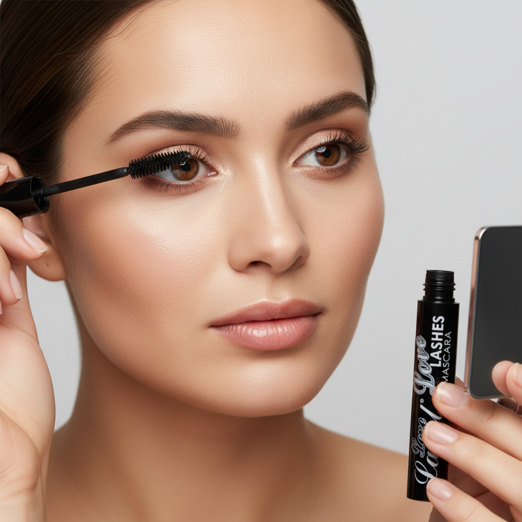 Close-up of a woman applying black mascara with a wand while holding the mascara tube and a compact mirror against a light gray background.
