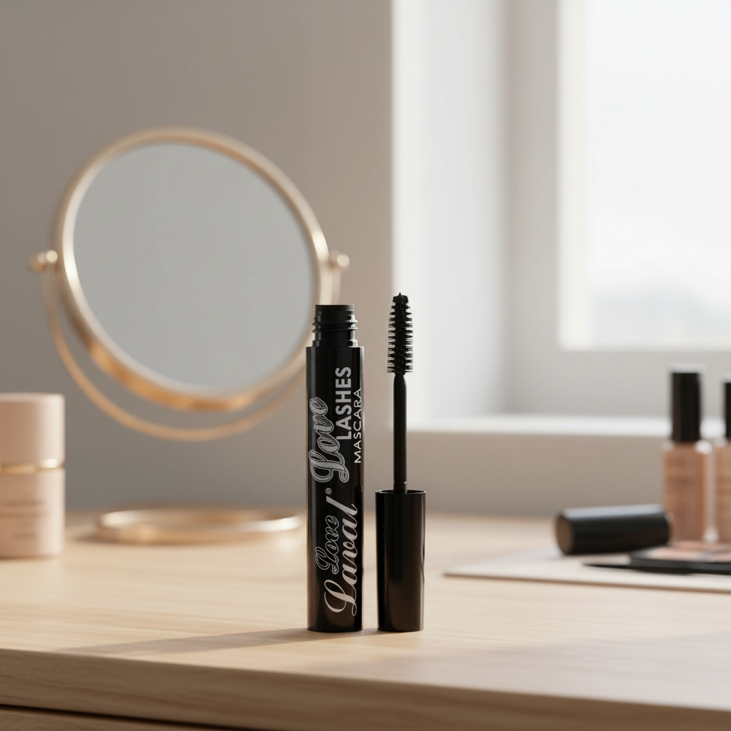 Black mascara tube and wand on a light wood desk with a round gold-framed mirror and softly blurred makeup items in the background.