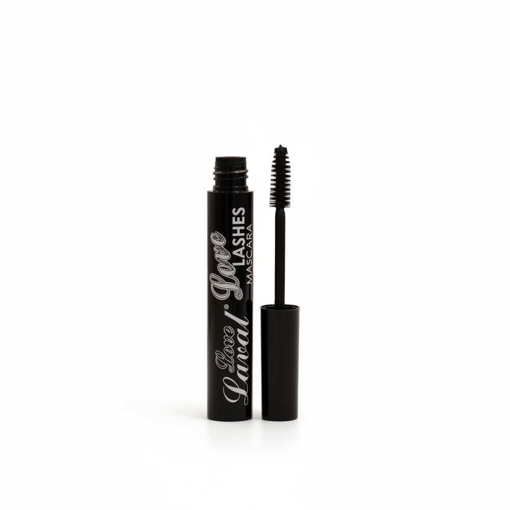 Laval Love Lashes Mascara in black, 8ml tube open with wand on white background