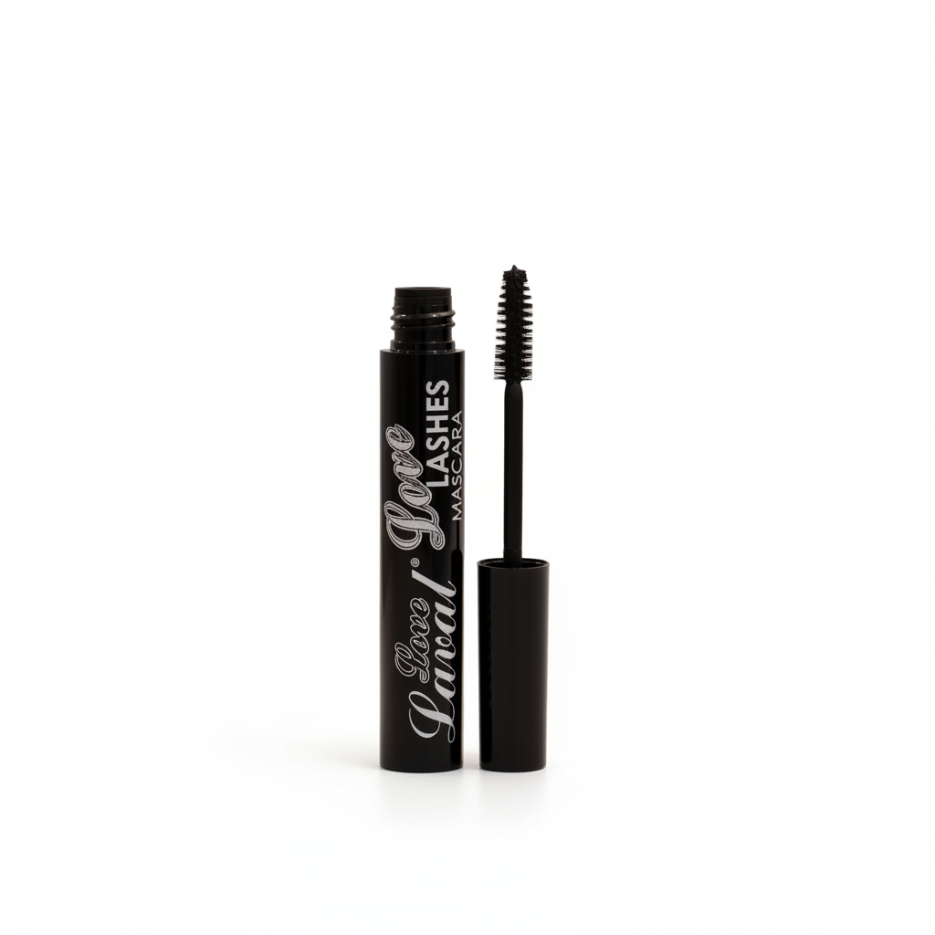 Laval Love Lashes Mascara in black, 8ml tube open with wand on white background