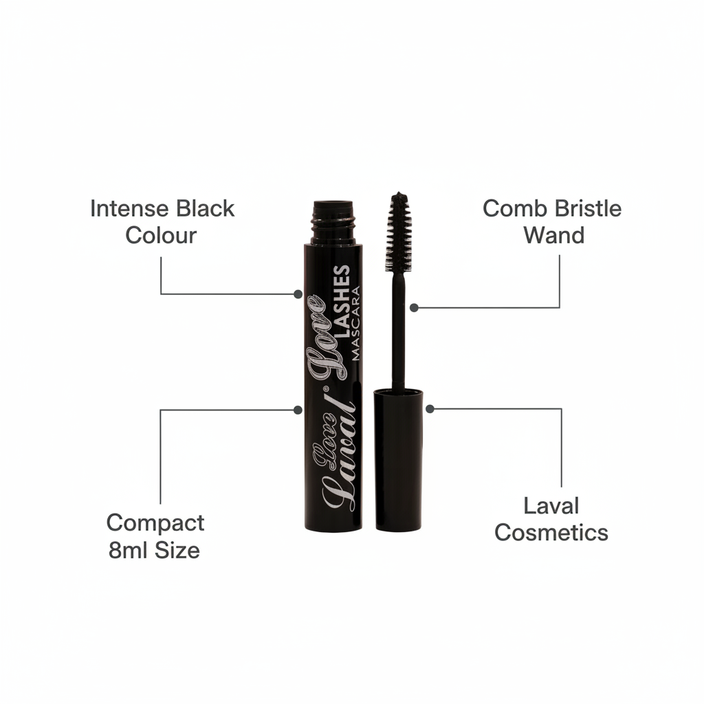 Black mascara tube and applicator wand shown on a white background with callout lines and text labeling features: intense black color, compact 8ml size, comb bristle wand, and Laval Cosmetics branding.