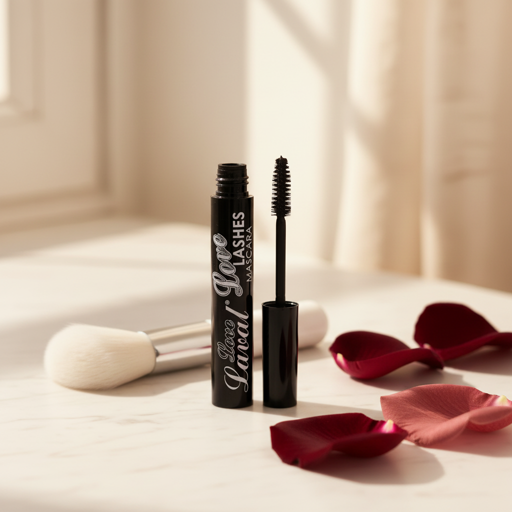 Black mascara tube and wand with a spoolie detail, standing on a light marble surface with a makeup brush, red rose petals, and warm sunlight in the background.