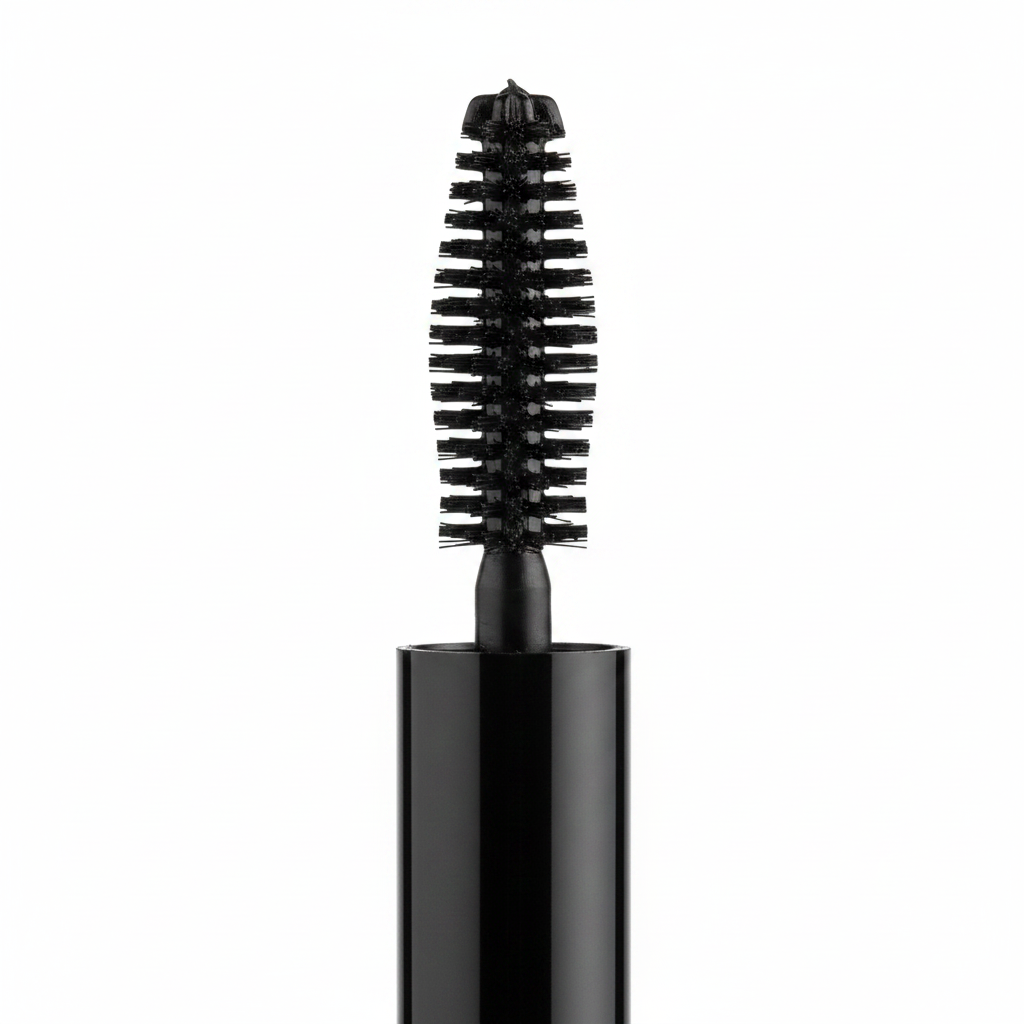Close-up of a black cosmetic brush applicator with dense bristles and a cylindrical black handle, shown on a plain white background.