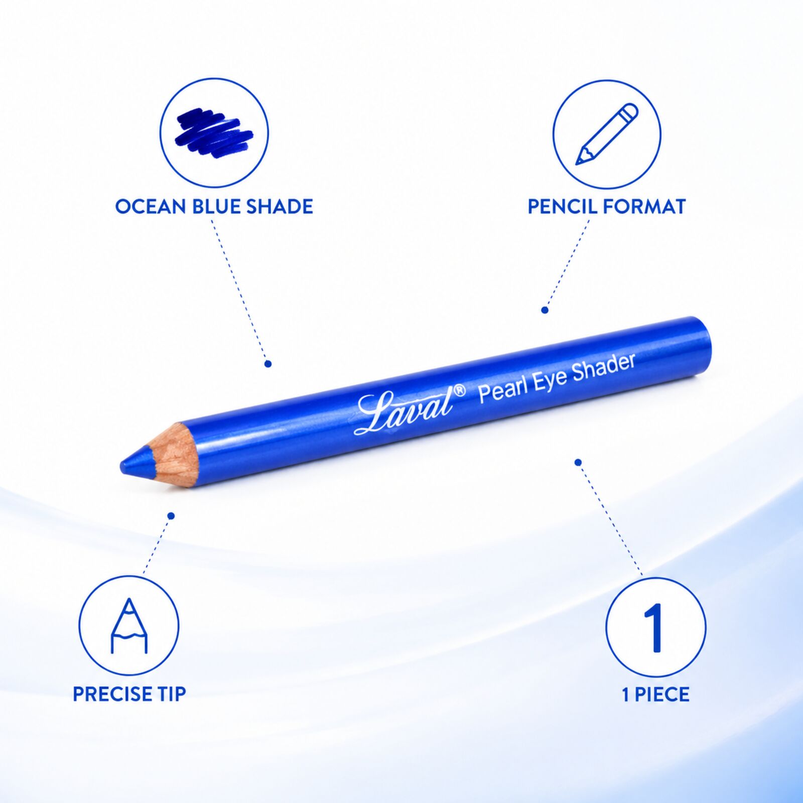 Laval Ocean Blue eyeshadow pencil infographic showing shade, pencil format, precise tip and one-piece contents