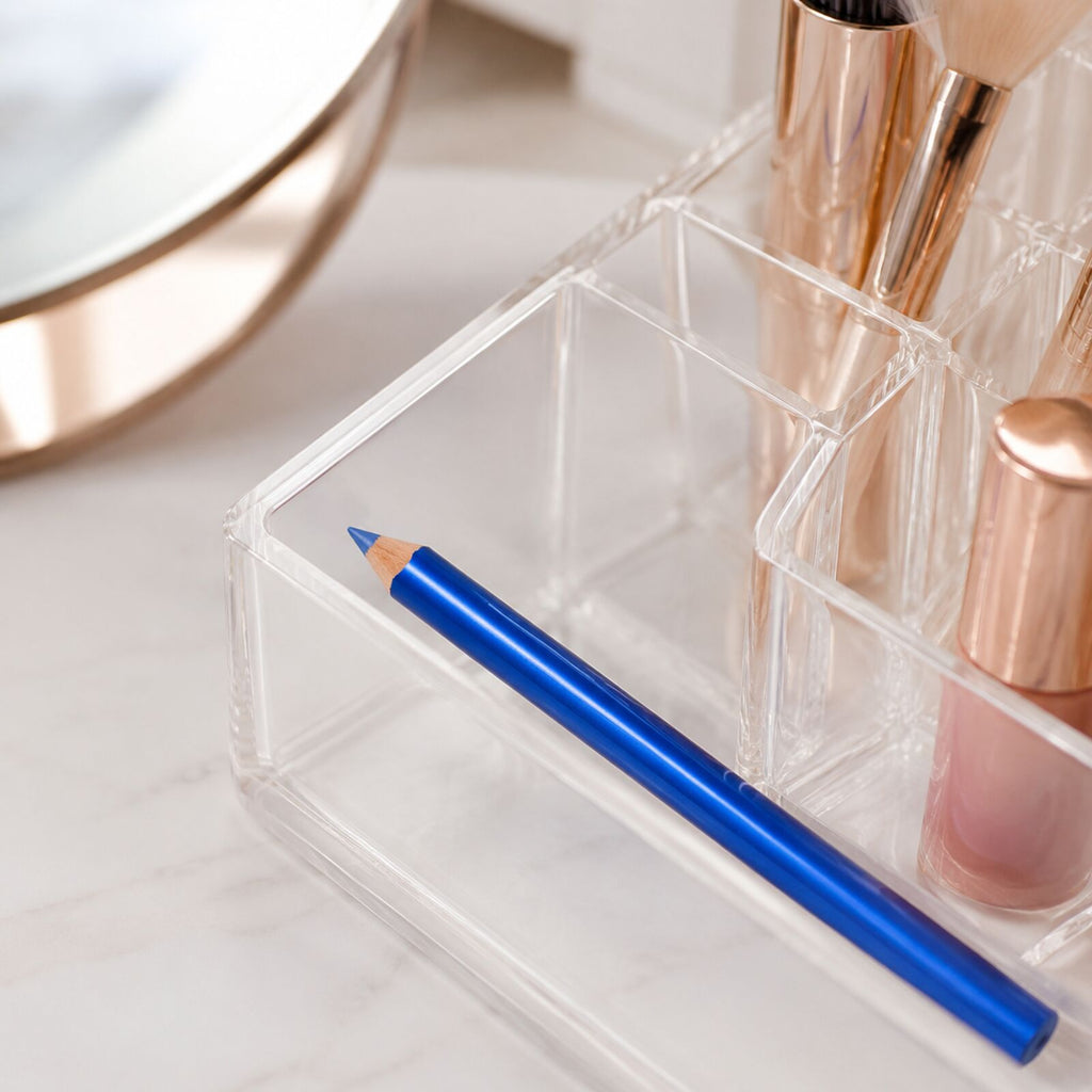 Laval Ocean Blue eyeshadow pencil stored in a clear makeup organiser