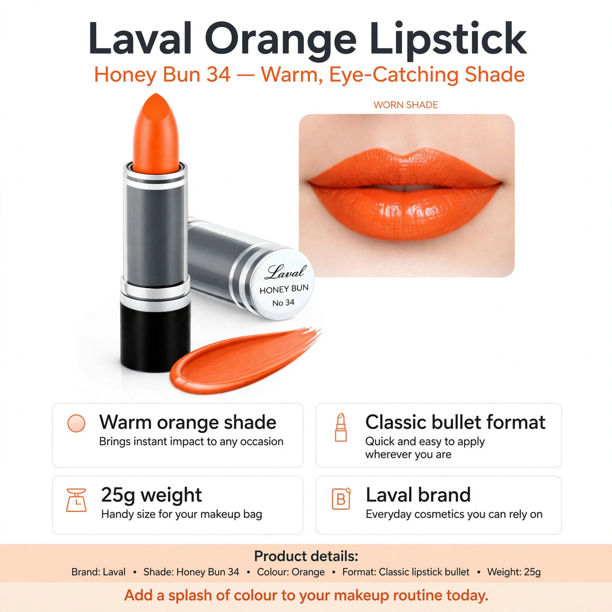 Lipstick features warm orange shade, classic bullet format, and 25g weight