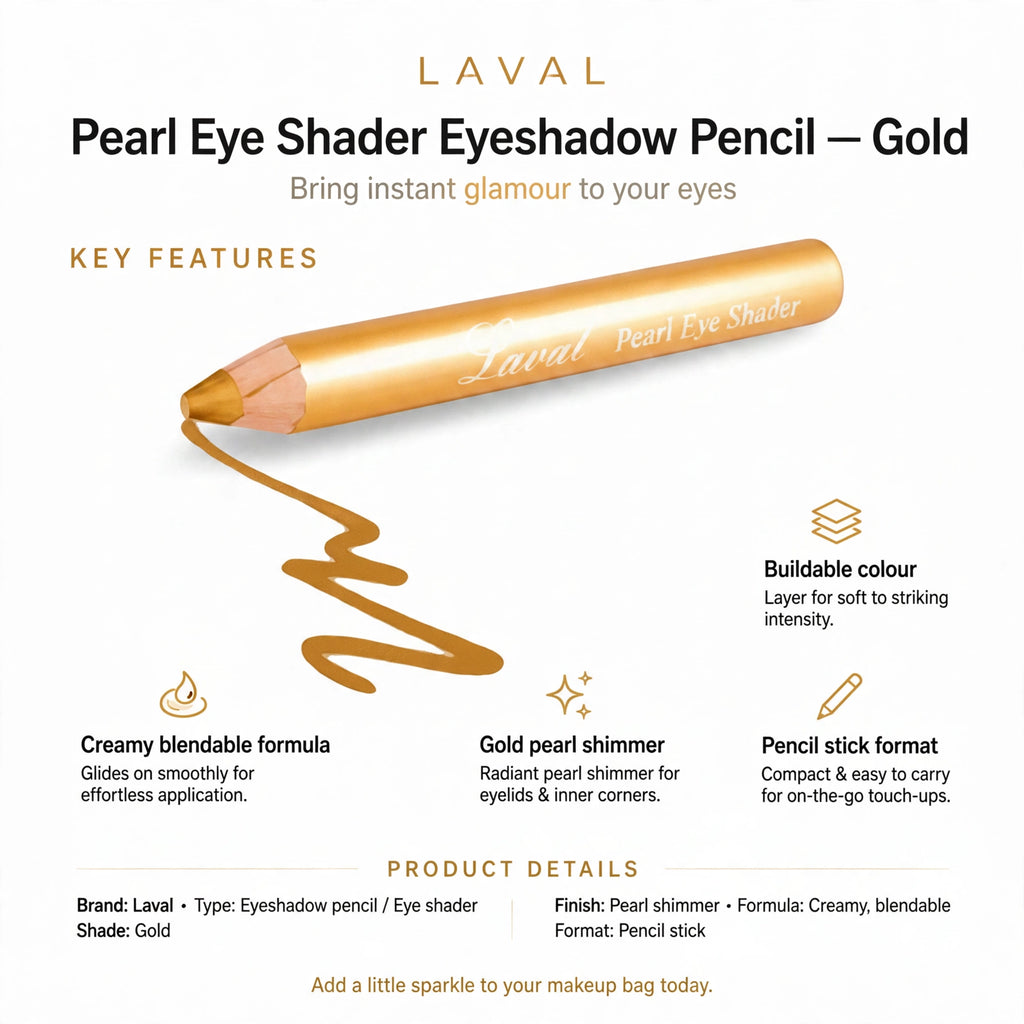 Infographic showing creamy blendable formula, gold pearl shimmer, pencil stick format, and buildable colour