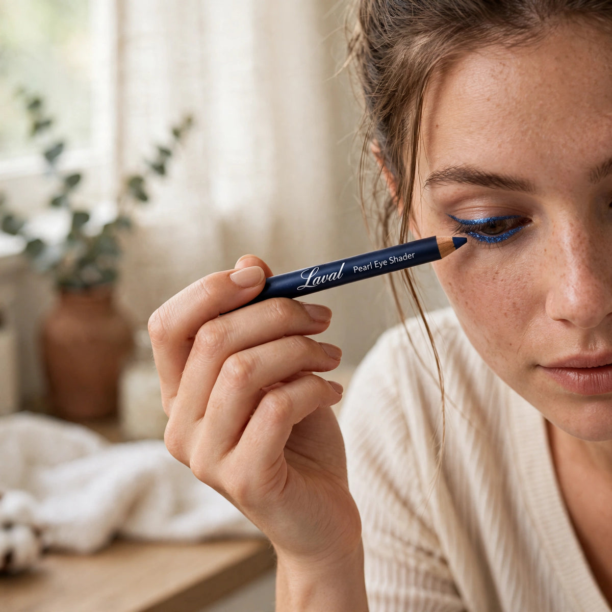 Laval Pearl Eye Shader Ocean Blue eyeshadow pencil used for eye makeup application