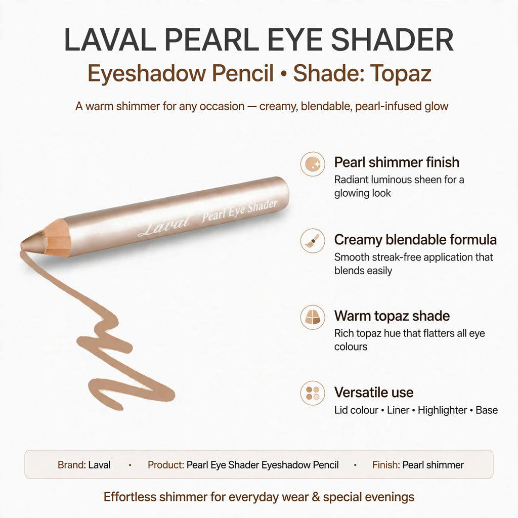 infographic showing pearl shimmer finish, creamy blendable formula, warm topaz shade, and versatile use